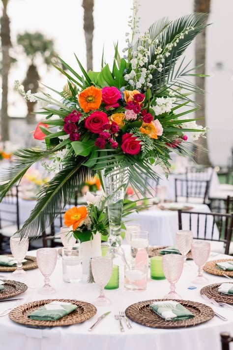 Tropical Colorful Floral Centerpiece #WeddingChicks #floridawedding #floralwedding #tropicalflowers #tropicalwedding Havana Table Centerpiece, Tropical Glam Wedding, Tropical Florida Wedding, Tropical Wedding Centerpieces, Tropical Centerpieces, Tropical Wedding Decor, Tropical Flower Arrangements, Hawaiian Party Decorations, Riviera Maya Weddings