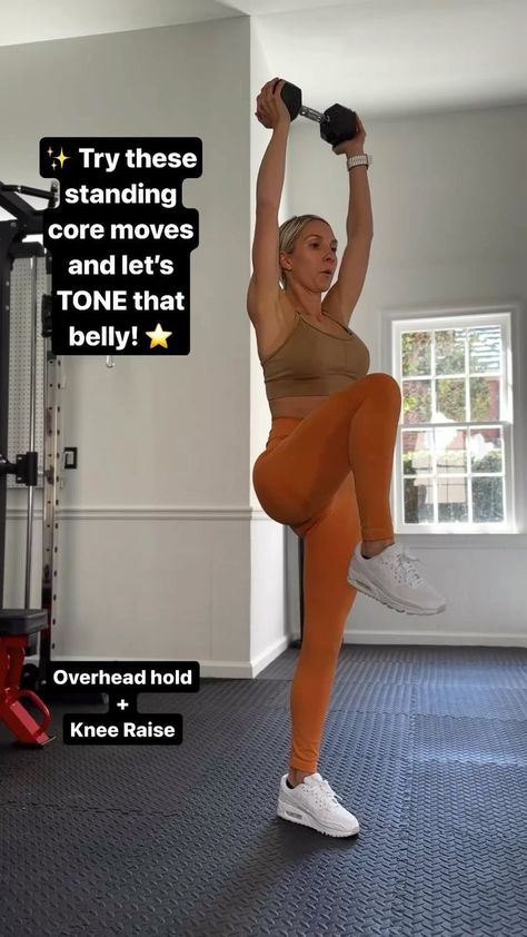 1.1K views · 362 reactions | Tighten and engage your CORE with each move. 💥 While we can’t target fat loss in specific areas, we can build muscle tone/definition in areas of our body. Focus on that mind-muscle connection to maximize every movement. Working our core not only helps carve out that definition but also strengthen other parts of the body, improving posture, carrying those groceries, and our workouts. 🏋️‍♀️ Remember, the journey to a flatter tummy combines targeted exercises with a co Dumbell Ab Workout Standing, Standing Ab Exercises With Weights, Stand Abs Workout, Standing Glute Workout, Dumbell Abs, Dr Exercises, Standing Ab Workout, Standing Core Exercises, Postpartum Workouts