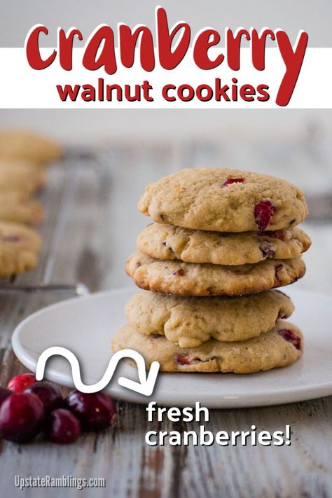 These delicious Cranberry Walnut Cookies are a perfect seasonal treat for the holiday season. Perfect for cookie exchanges! Tart cranberries combine with walnuts for a crispy cookie. #christmascookie #cookies #holidaybaking Cranberry Walnut Cookies, Upstate Ramblings, Walnut Cookie Recipes, Dessert Fruits, The Cranberries, Crispy Cookies, Walnut Cookies, Cranberry Cookies, Easy To Make Desserts