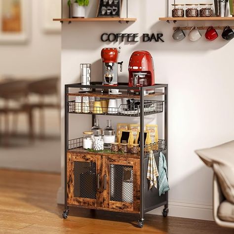 Hencawima Coffee Bar Cabinet, 3 Tier Coffee Station Table on Wheels, Bar Cart with Wire Basket Drawer & 5 Hooks for Home Kitchen, Liquor Buffet Sideboard Cabinet (Rustic Brown) Coffee Station Table, Square Living Room Table, Bars Ideas, Coffee Bean Jar, Basket Drawer, Coffee Bar Cart, Table On Wheels, Coffee Mornings, Coffee Inspiration