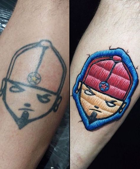 Limp Bizkit Tattoo, Patch Tattoo Ideas, Embroidery Tattoos, Patch Tattoo, Tatoo Styles, Stitch Tattoo, Embroidery Tattoo, Pokemon Tattoo, Limp Bizkit