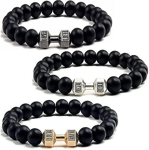 These timeless bangle bracelets feature an easy to wear stretch design and features black beads that add the finishing touch to any outfit Gym Accessories For Men, Barbell Jewelry, Mens Bracelet Designs, Lava Stone Bracelet, Gym Accessories, Gacha Ideas, Guys Clothing Styles, Natural Stone Beads, Fitness Bracelet