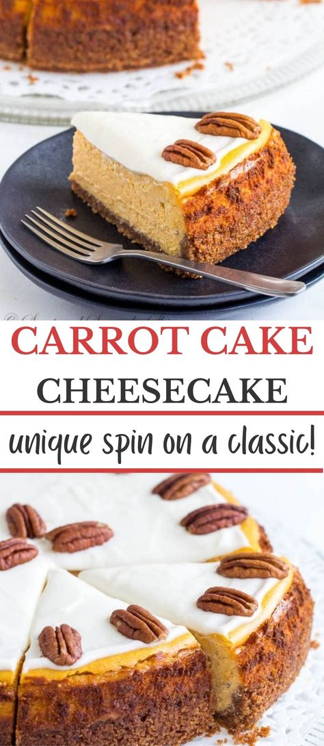 Top image a slice of carrot cake cheesecake and bottom image of the entire cheesecake Carrot Cheesecake Recipe Easy, No Bake Carrot Cake Cheesecake, Are You Kidding Me Cake Recipes, Carrot Cheesecake Recipe, Restaurant Desserts, Carrot Cake Cheesecake Recipe, Carrot Cheesecake, Easter Cheesecake, Chunky Chef