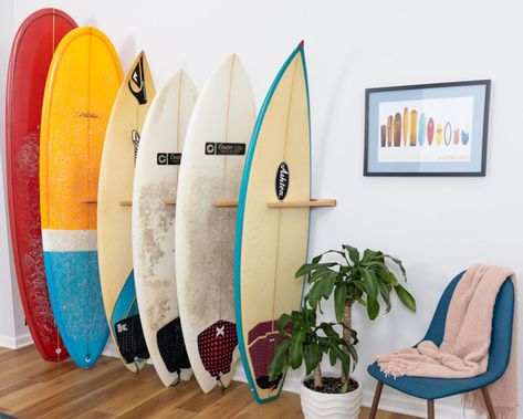 The Best Surfboard Racks for Display and Storage | The Inertia Wooden Surfboard Rack, Surfboard Storage Garage, Surfboard Wall Rack, Surfer Room, Beach Surfboard, Surfboard Storage, Ceiling Storage Rack, Best Surfboards, Surf Rack