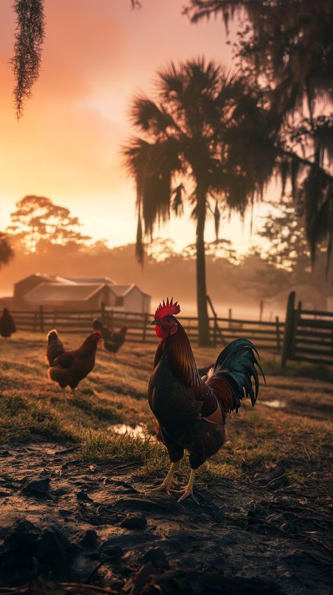 a rooster in a muddy field with hens at dawn Rooster Aesthetic, Sunrise Farm, Majestic Palm, Chicken Wallpaper, Moleskine Sketchbook, Chicken Art, Spanish Moss, Long Shadow, Bird Pictures