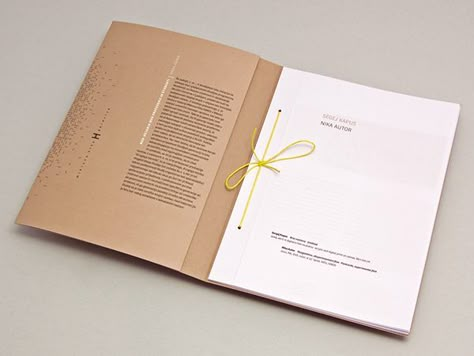 Works of eight selected students and their professors of the Academy of Fine Arts and Design in Ljubljana are shown in this booklet. Pages can be taken out or their order can be rearranged by untying the knot. The booklet is hand bound.Designed by Matja… Book Binding Design, Binding Ideas, Book And Magazine Design, Buch Design, Book Binder, Portfolio Book, Booklet Design, Bookmaking, Portfolio Inspiration