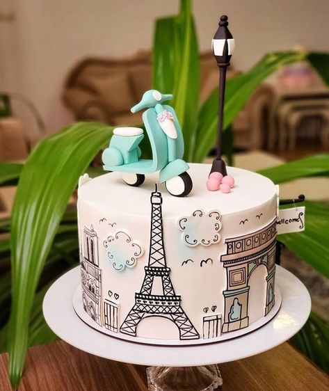 Emily In Paris Theme, Paris Theme Cake, Paris Birthday Cakes, Paris Desserts, Bolo Paris, Paris Themed Cakes, Paris Cakes, Travel Cake, Fondant Cake Designs