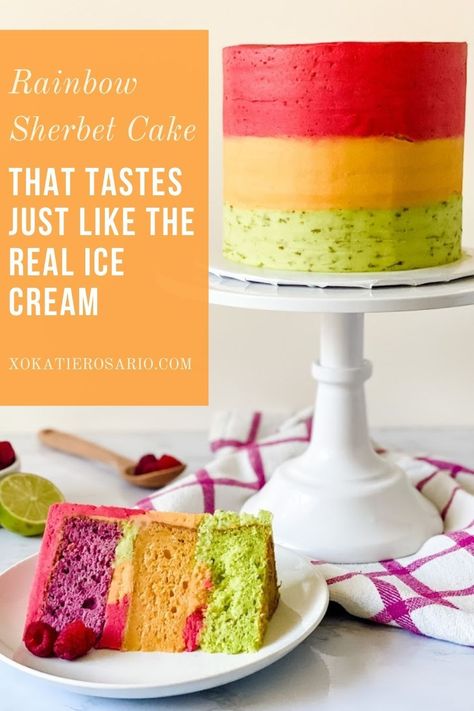 Rainbow Sherbet Cake that tastes just like your favorite summer ice cream. This Rainbow Sherbet Cake is made up of raspberry, orange, and lime cake, and buttercream. Created by Katie Rosario, XOKatieRosario creates beautiful cake decorating techniques that are easy for beginners and strategically designed for any home baker. #xokatierosario.com #cakedecoratingcourse #xokatierosario #katierosariocakes #rainbowsherbet #rainbowcake #rainbowshertbetcake Rainbow Sherbet Cake, Sherbet Cake, Cake Decorating Courses, Lime Cake, Cake Decorating For Beginners, Summer Ice Cream, Cake Decorating Classes, Baking Business, Cake Lover