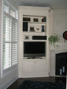 Corner Tv Shelves, Corner Entertainment Unit, Ikea Wall Units, Corner Shelving Ideas, Built In Tv Cabinet, Wall Units With Fireplace, Corner Entertainment Center, Desk Wall Unit, Built In Wall Units