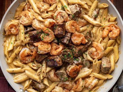 Blackened Steak and Shrimp Alfredo Steak And Shrimp Alfredo, Blackened Steak, Blackened Seasoning, Steak And Shrimp, Shrimp Alfredo, Top Sirloin Steak, Surf And Turf, Shrimp Seasoning, Steak Sauce