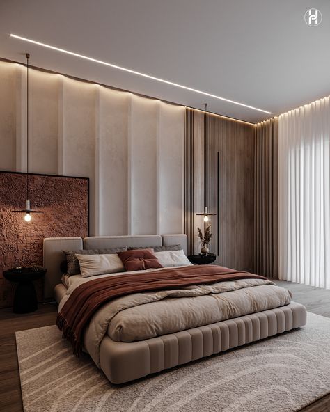 Masculine Bedroom Decor, Bedroom Design Luxury, Beautiful Bed Designs, Decorating Bedroom, Makeover Bedroom, Lighting Bedroom, Comfortable Chic, Modern Bedroom Interior, Luxury Bedroom Design