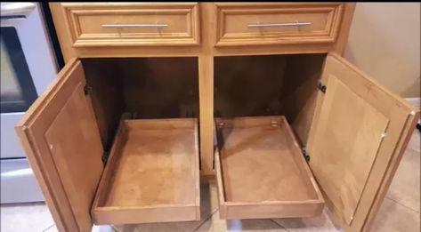 How to Build DIY Pull-Out Cabinet Shelves for Under $30 Each | Hometalk Shelves For Kitchen Cabinets, Cabinets On A Budget, Diy Pull Out Shelves, Kitchen Cabinets On A Budget, Shelves For Kitchen, Diy Stained Glass Window, Cabinet Shelves, Slide Out Shelves, Diy Staining