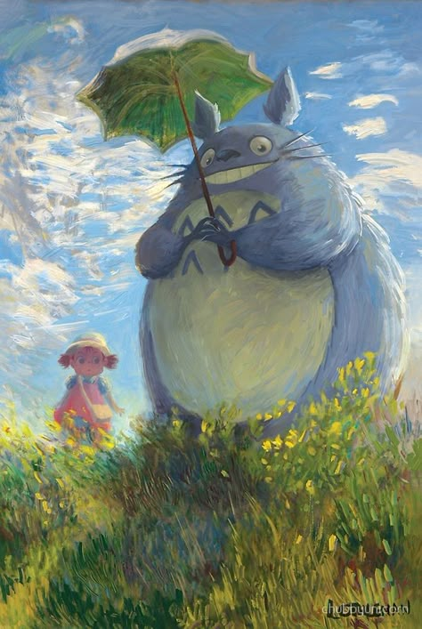 Totoro art based on the painting Woman With A Parasol by Claude Monet | Studio Ghibli #anime #Miyazaki #fanart Morpheus Sandman, Totoro Art, Art Studio Ghibli, Digital Art Software, Personajes Studio Ghibli, Thomas Gainsborough, Digital Art Poster, Ghibli Artwork, Poster Anime