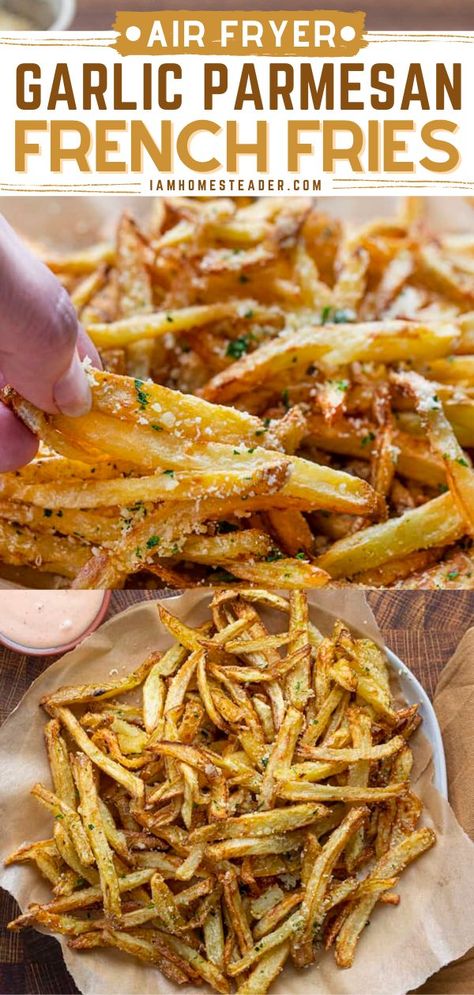 Air Fried French Fries Recipe, Air Fryer Garlic Parmesan Fries, Superbowl Appetizer Ideas, Air Fryer Garlic Fries, Garlic Parmesan French Fries Air Fryer, Parmesan Fries Air Fryer, Homemade Garlic Parmesan Fries, Garlic Parmesan Fries Air Fryer, Garlic Parm Fries Air Fryer