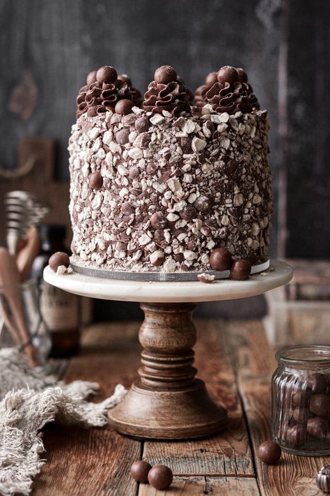 A rich and moist chocolate malted milk cake, with malted milk chocolate buttercream and covered in crushed chocolate malted milk balls. Malted Milk Cake, Malt Cake, Chocolate Malt Cake, Milk Balls, Malted Milk Balls, Layered Cakes, Brunch Inspiration, Flourless Cake, Seed Bread