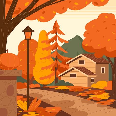 Fall Season Illustration, Spring Vector Art, Fall Vector Illustrations, Autumn Vector Illustration, Wallpaper Drawing Ideas, Autumn Illustration Wallpaper, Fall Drawings Autumn, Painting Ideas Autumn, Drawing Ideas For Halloween