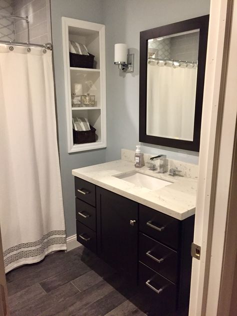 Bathroom with grays and espresso vanity! Bathroom With Espresso Vanity, Espresso Vanity Bathroom Ideas, Gray Floor Bathroom, Dark Cabinets Bathroom, Espresso Bathroom Cabinets, Espresso Bathroom Vanity, Dark Brown Bathroom, Dark Brown Floor, Espresso Vanity