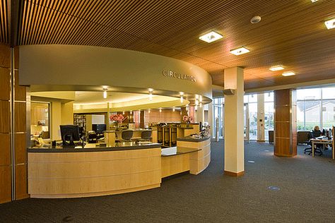 Circulation desk Library Circulation Desk, Circulation Desk, Academic Library, Emergency Department, Media Center, Medical Center, Lobby, Breakfast Bar, Interior Decorating