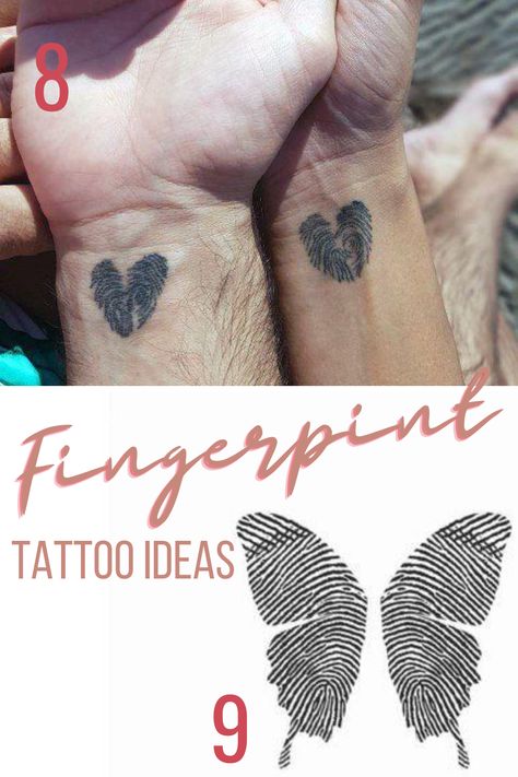 25 Special Fingerprint Tattoo Ideas - TattooGlee Handprint Tattoo Ideas, Half Butterfly Half Angel Wing Tattoo, Finger Print Tattoo Ideas, Parents Tattoo Ideas, Handprint Tattoo, Fingerprint Tattoo Ideas, Tattoos For Parents, Footprint Tattoo Ideas, Thumbprint Tattoo