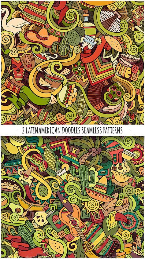 2 Latin American Doodles Seamless Patterns by balabolka 2 Cartoon vector doodles hand drawn graphics Latin American theme seamless patterns for design of backgrounds, gift packs, pattern Doodles Hand, Latin American Music, Cultural Patterns, Music Drawings, American Theme, American Symbols, Music Backgrounds, Vector Portrait, Dance Art