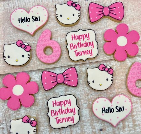 Hello Kitty Bow Cookies, Kitty Cookies Royal Icing, Hello Kitty Cookies Royal Icing, Hello Kitty Birthday Cookies, Hello Kitty 6th Birthday, Hello Kitty Cookies Decorated, Pink Birthday Cookies, Hello Kitty Sugar Cookies, Bow Cookies