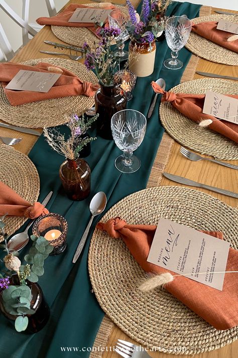 Burnt Orange Table Setting Dining Rooms, Teal And Burlap Wedding, Tablescapes Ideas Wedding, Teal And Amber Wedding, Dark Teal Wedding Table Setting, Teal And Rust Wedding Table Decor, Teal And Burnt Orange Wedding Arch, Turquoise Wedding Table Decor, Purple Burnt Orange Wedding