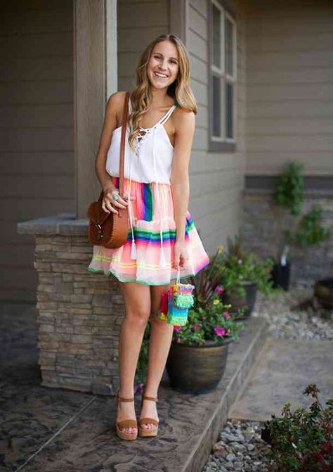 Or you can wear a colorful skirt and tassel tank top. #cincodemayo #fashion #party #outfits #clothing #costume #fiesta #accessories #outfitideas #partyideas #partydress #clothes What To Wear To A Fiesta Themed Party, Fiesta Theme Outfits Women, Fiesta Outfit Ideas, Diy Outfit Ideas, Mexican Theme Party Outfit, Colorful Skirt, Holiday Party Themes, Fiesta Theme Party, Mexican Theme