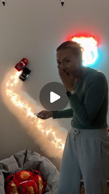 Kayzie Weedman - Working Mom | Lifestyle | Family on Instagram: "I CANNOT EVEN CONTAIN MY EXCITEMENT 👏🏽 This has got to be one of my favorite DIY projects yet! I mean how cute is this cars burnout on the wall?! Can’t you just picture Sheriff and Lightning racing down Radiator Springs?! Let me know if you guys try this DIY @pixarcars burnout on your wall ❤️🏁🏎️ #toddlerbedroom #pixarcars #lightningmcqueen #kidsbedroom #kidsroomdecor #kidsroomdesign #bedroomsurprise #birthdaysurprise #toddlerboy #momlife #diyhomedecor #diyproject" Bedroom Ideas For Car Guys, Hotwheel Bedroom Ideas, Boy Race Car Room Ideas, Kids Car Room Ideas, Lightning Mcqueen Bedroom Ideas, Hotwheel Bedroom, Cars Toddler Bedroom, Diy Car Room Decor, Hotwheels Bedroom Ideas For Boys