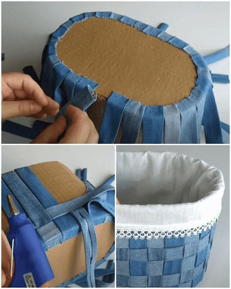 Crafts Made From Old Blue Jeans, Upcycle Baskets Ideas, Old Denim Jeans Upcycle, Basket Upcycle Ideas, Upcycle Baskets, Jean Basket, Repurpose Old Jeans, Metdaan Makeup, Denim Basket