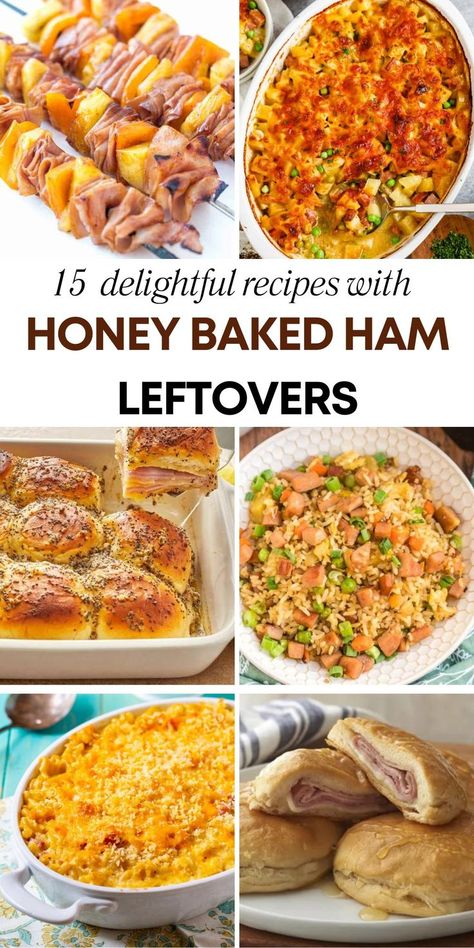 text: 15 delightful recipes with honey baked ham leftovers" and 6 photos of different ham recipes: biscuits, sliders, kebobs, casserole, fried rice, baked pasta and ham dish... Use Up Leftover Ham, How To Use Up Leftover Ham, How To Use Up Ham, Recipe Leftover Ham, Leftover Boneless Ham Recipes, Healthy Recipes With Leftover Ham, Thanksgiving Leftover Recipes Ham, Ham Freezer Meal Recipes, Best Leftover Ham Recipes