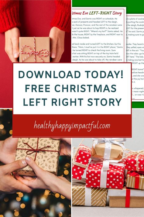 Hands wrapping Christmas gifts with text promoting a free Christmas left-right story download from healthyhappyimpactful.com. Pass The Parcel Game For Adults, Left Right Christmas Story Game Free Printable, Gift Exchange Story Left Right For Kids, Christmas Story Game Left Right, Christmas Story Pass The Gift Game, Gift Exchange Story Left Right, Left Right Christmas Game Funny, Christmas Left Right Game Printable Free, Christmas Gift Exchange Story