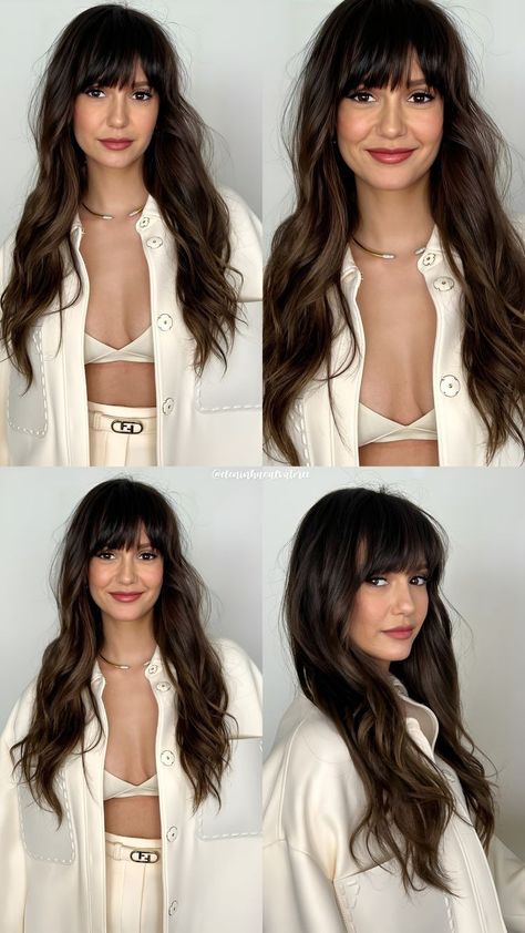 Nina Dobrev Winter Outfits, Nina Dobrev Bangs, Nina Dobrev Hair Color, Nina Dobrev Hair, Vampire Hair, Tvdu Cast, Brown Hair Looks, Bangs With Medium Hair, Luscious Hair