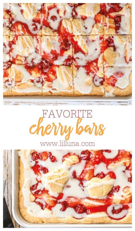 With a hint of almond extract, a heavenly glaze, and cherry pie filling swirled throughout, these delicious Cherry Bars are the sweetest way to easily treat a crowd! #cherrybars #glazedcherrybars #cherrybarrecipe #cherry #desserts Cherry Dessert Bars, Cherry Danish, Cherry Pie Bars, Easy Dessert Bars, Danish Recipe, Cherry Bars, 2023 Recipes, Delish Desserts, Baking Desserts