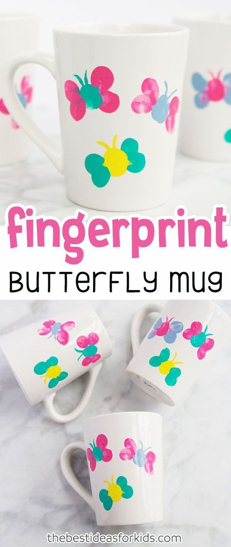 Thumprint Butterfly Mug Kids Craft for Spring or Mother's Day. Mug Painting Ideas, Mug Painting DIY, Mug Painting Ideas Ceramic, Mug Painting Ideas, Craft For Spring, Mug Painting, Diy Mother's Day Crafts, Butterfly Mug, Keepsake Crafts, Mug Crafts, Diy Gifts For Mom, Hand Painted Mugs