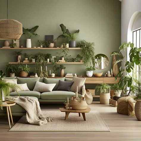 Olive Living Rooms, Green Walls Living Room, Sage Green Living Room, Green Living Room Decor, Green Lounge, Feature Wall Living Room, Living Room Plants, Interior Design Per La Casa, Entrance Modern