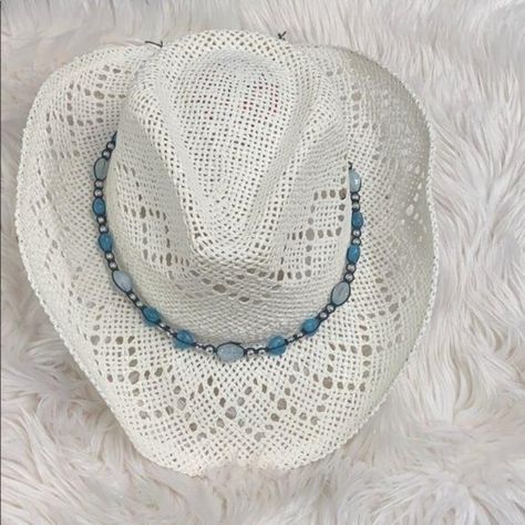 White Beaded Cowboy Paper Hat Features: White Color/Aqua Beaded Detail/Shapable Brim/Paper 100% Size: Womens Os Condition: New With Tags #0733 R-004 Coastal Cowgirl Hat Beads, Western Blue Hat Bands For Beach, White Western Hat For The Beach, Turquoise Beaded Beach Hat, White Western Sun Hat, One Size Fits Most, Bass Pro Shop Hat, Beaver Hat, Leopard Print Beanie, Wool Fedora Hat