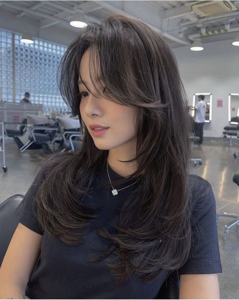 Everyday hairstyles that look effortlessly put-together. Long And Face Framing Layers, Curtain Bangs Thick Hair Asian, Asian Mid Length Hairstyles, Asian Layer Haircut, Asian Haircut Square Face, Haircuts For Medium To Long Hair, Straight Hairstyles Curtain Bangs, Eight Character Bangs, Medium Length Hair With Layers Black