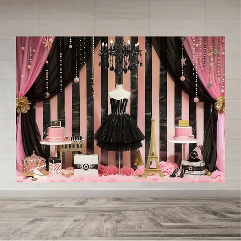 Luxury Pink Black Fashion Backdrop Thick Durable Polyester - Temu Tower Birthday Cake, Fashion Backdrop, Paris Theme Party Decorations, Paris Theme Party, Background Studio, Dress Photography, Cake Party, Pregnant Wedding, Wedding Theme Colors