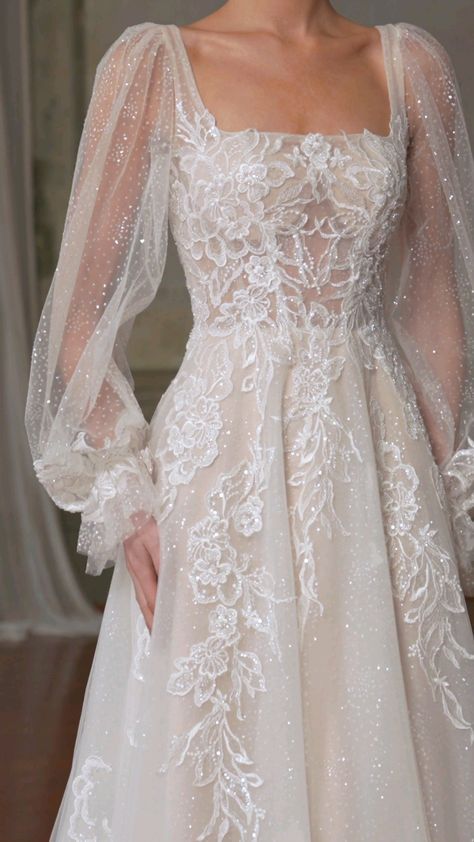 Square Necked Wedding Dresses, Wedding Glitter Dress, Glitter Sleeve Wedding Dress, All Glitter Wedding Dress, Wedding Gown Square Neck, Chiffon And Lace Wedding Dress, Wedding Dresses With Sleeves Square Neck, Wedding Dress 2025 Bride, First Dance Dress Brides