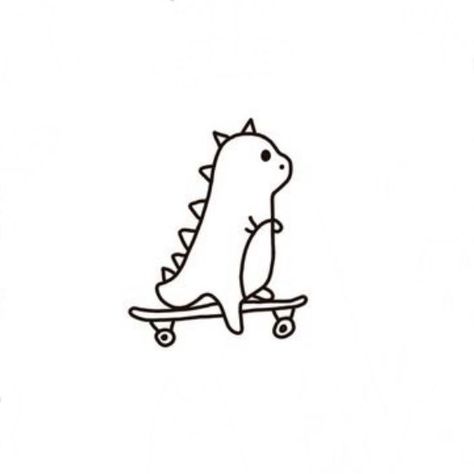 Stick And Poke Tattoo Dinosaur, Dino On A Skateboard Tattoo, Cute Dinasour Tatoos, Dinosaur On A Skateboard Tattoo, Cartoon T Rex Tattoo, Dinosaur Skateboarding Tattoo, Funny Dinosaur Tattoo, Dino On Skateboard, Cartoon Dinosaur Tattoo