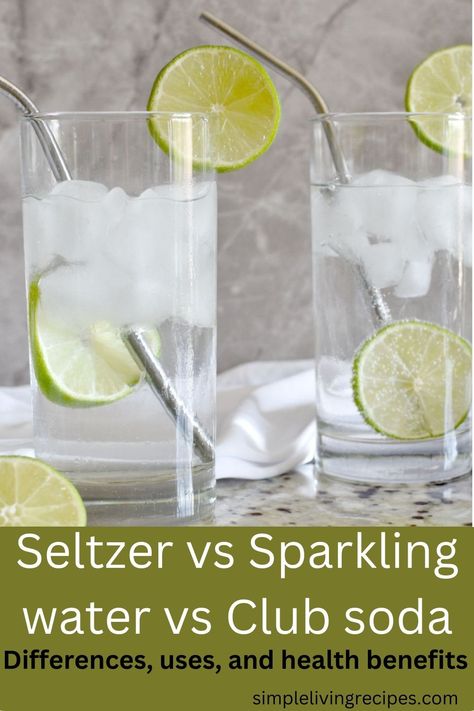 One cup of seltzer water next to one cup of sparkling mineral water, both with ice and garnished with lime wheel. Best Sparkling Water, Spindrift Sparkling Water, Seltzer Water Recipes, Diy Sparkling Water, Club Soda Drinks, Sparkling Water Cocktails, Sparkling Water Cocktail, Low Calorie Cocktails, Healthy Soda