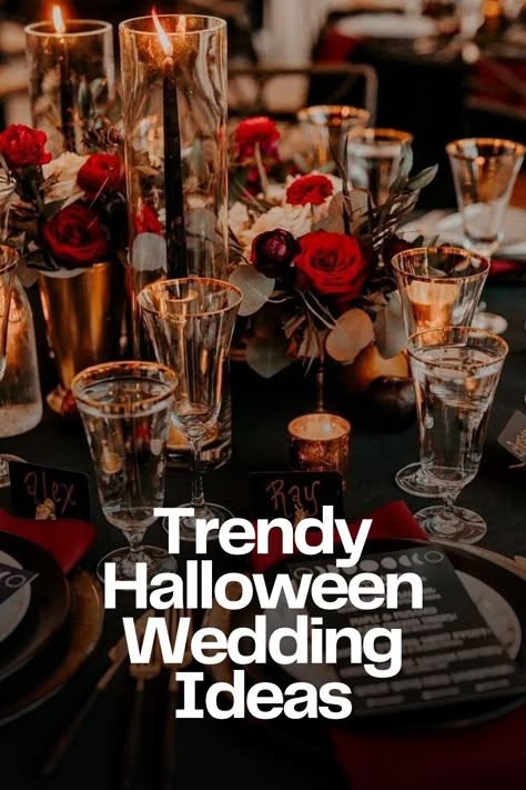 Spooky Romantic Wedding, Classy Halloween Wedding Ideas, Halloween Rehearsal Dinner Ideas, Halloween Seating Chart Wedding, Romantic Halloween Wedding, Halloween Themed Wedding Cakes, Hallowedding Decorations, Spooky Elegant Wedding, Halloween Wedding Candy Bar