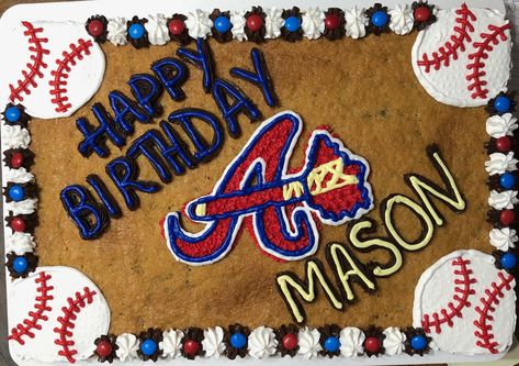 Baseball Themed Cookie Cake, Atlanta Braves Cupcakes, Atlanta Braves Birthday Party Ideas, Braves Themed Party, Braves Cake Ideas, Baseball Cookie Cake Ideas, Atlanta Braves Birthday Party, Braves Birthday Cake, Braves Birthday Party