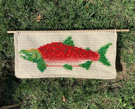 Salmon Run Crochet Wall Hanging Pattern PDF || Tapestry Crochet Pattern || Rustic Cottagecore Crochet Pattern Salmon Cross Stitch, Tapestry Crochet Jumper, Fish Tapestry Crochet, Crochet Tapestry Blanket, Over The Garden Wall Crochet, Tapestry Crochet Patterns Charts Free, Crochet Wall Tapestry, Crocheted Tapestry, Tapestry Crochet Ideas