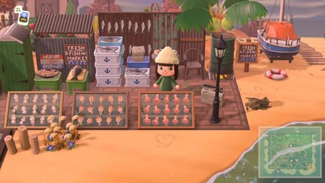 Acnh Sushi Bar Beach, Acnh Sushi Restaurant Outdoor, Animal Crossing Fish Market, Acnh Market Inspiration, Acnh Fish Market, Acnh Market, Fish Oc, Animal Crossing Fish, Acnh Beach