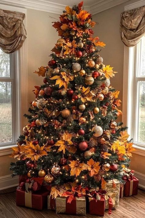 Fall Theme Christmas Tree, Christmas Tree Unique Ideas, All Year Christmas Tree Ideas, Fantasy Christmas Tree, Orange Christmas Tree Ideas, Fall Tree Ideas, Thanksgiving Tree Ideas, Autumn Christmas Tree, Fall Christmas Tree Ideas