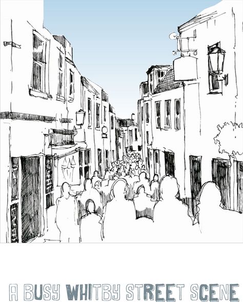 busy whitby street blue sky | by John Harrison, artist Busy Street Sketch, Creative Sketching, John Harrison, Pen Ink Drawing, Cartoon Cars, Architecture Sketchbook, Busy Street, Urban Sketches, Artist Sketches