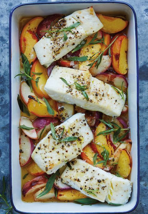 Roasted Halibut with Nectarine Chutney Recipe | Williams Sonoma Taste Nectarine Chutney, Halibut Steaks, Healthy Meals Ideas, William Sonoma Recipes, Roasted Halibut, Halibut Recipes, Meals Ideas, Chutney Recipe, Baked Fish