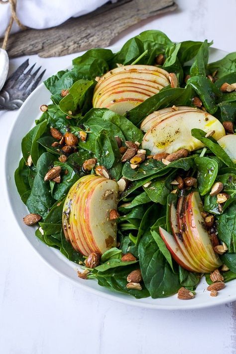 Almond Apple Spinach Salad | The Domestic Dietitian, RDN Apple Almond Salad, Apple Spinach Salad, Sumac Dressing, Seasonal Produce Guide, Spinach Salad Recipes, Seasonal Produce, Hearty Salads, Autumn Salad, Apple Salad