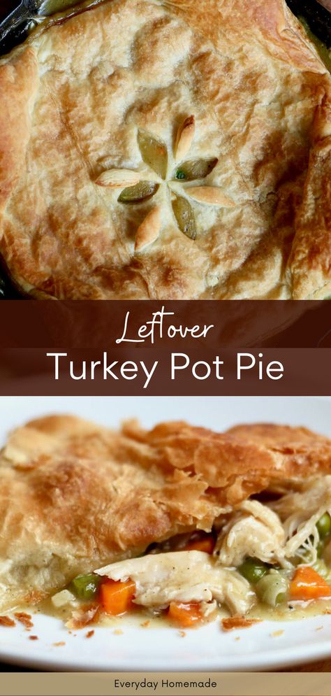 Transform your Thanksgiving leftovers into a mouthwatering meal with this easy Leftover Turkey Pot Pie recipe. A flaky puff pastry crust encases a hearty, healthy filling, creating a lighter twist on a classic. With just one crust, it's a breeze to whip up. Bake it in a trusty cast iron skillet for a rustic touch that's perfect for holiday gatherings. What To Do With Turkey Leftovers, Turkey Pot Pies, Leftover Turkey Pot Pie, Turkey Pot Pie Easy, Turkey Pot Pie Recipe, Turkey Chops, Puff Pastry Crust, Shredded Turkey, Turkey Pot